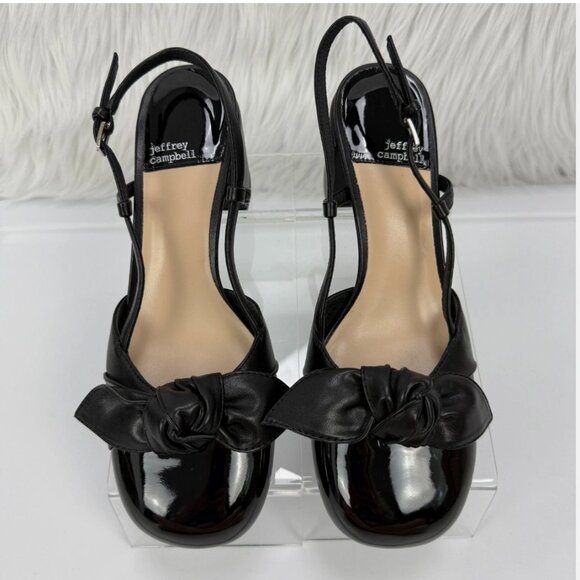 Jeffrey Campbell Baby Doll Knot Bow‎ Block Heels Chunky Black Patent Slingback - Picture 3 of 16